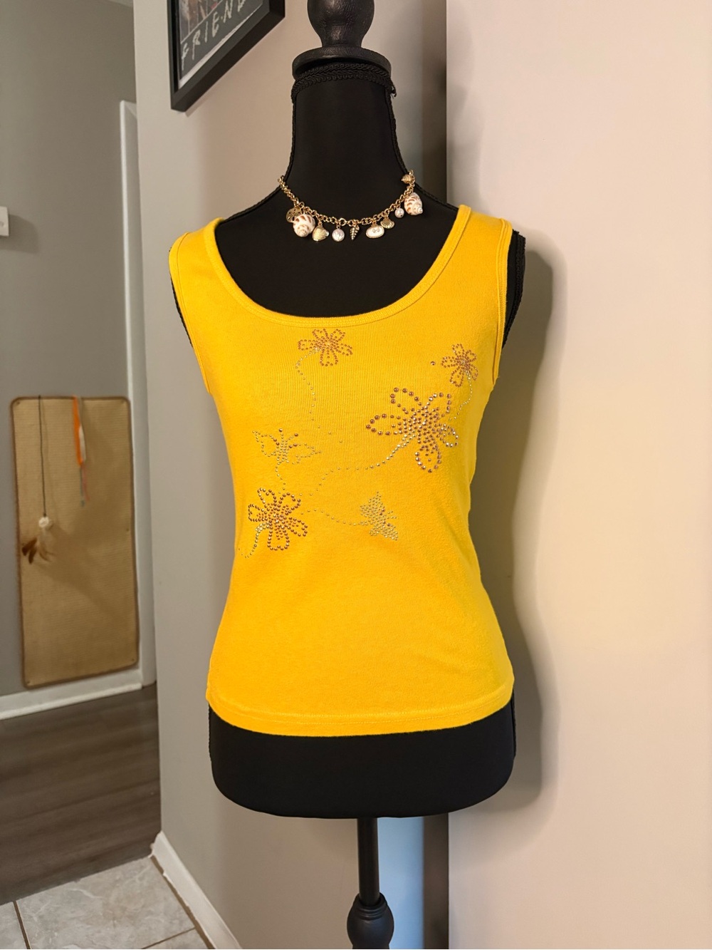 Yellow Floral Rhinestone Tank Top - Women's